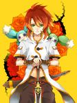  coat creature flower green_eyes luke_fon_fabre male_focus midriff mieu pants red_flower red_hair red_rose rose shima_(inukago) sidelocks smile sword tales_of_(series) tales_of_the_abyss weapon yellow_background 