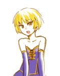  bare_shoulders blonde_hair bob_cut dress eirene_(oniro) elbow_gloves gloves highres magical_girl oniro original pas_(paxiti) short_hair solo strapless strapless_dress upper_body yellow_eyes 