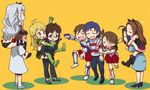  ahoge akizuki_ritsuko antenna_hair arm_hug ass black_legwear blonde_hair blue_hair blush_stickers boots braid brown_eyes brown_hair butt_crack carrying closed_eyes futami_ami futami_mami glasses gloves green_eyes hagiwara_yukiho high_heels hoshii_miki idolmaster idolmaster_(classic) kisaragi_chihaya long_hair minase_iori miura_azusa mujin_gattai_kisaragi multiple_girls open_mouth piggyback shijou_takane shoes short_hair shoulder_carry siblings side_ponytail silver_hair sisters skirt smile standing standing_on_one_leg striped suzu-shiro sweatdrop thighhighs twin_braids twins twintails 