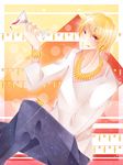  alcohol blonde_hair earrings fate/stay_night fate/zero fate_(series) gilgamesh highres jewelry m-1ng male_focus solo wine 