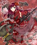  back bad_id bad_pixiv_id dress elbow_gloves flower gloves green_eyes hair_ornament highres long_hair miu_(3dango71) original pearl poleaxe puffy_sleeves red_flower red_hair red_rose rose solo veil 