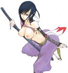  ass blue_hair breasts katana kazaana long_hair medium_breasts nipples original sandals simple_background solo sword topless weapon 