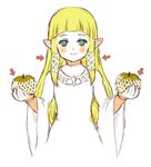  blonde_hair blue_eyes directional_arrow dress food fruit hair_ornament holding holding_food holding_fruit long_hair lowres mutsuki_kaya pear pointy_ears princess_zelda simple_background smile solo the_legend_of_zelda the_legend_of_zelda:_skyward_sword white_dress 