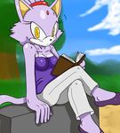  animal_ears blaze_the_cat book breasts cat cleavage clothed clothing cloud feline female grass looiking_at_viewer looking_at_viewer mammal pants ponytail purple purple_body purple_clothing purple_shoes sega sitting solo sonic_(series) ss2sonic sssonic2 tail tree wood 