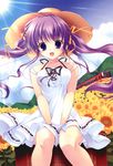  :d absurdres copyright_request fang flower ground_vehicle hair_ribbon hat highres long_hair mikeou open_mouth purple_eyes purple_hair ribbon sitting skirt smile solo sun_hat sunflower train twintails white_skirt 