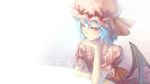  bad_id bad_pixiv_id bat_wings blue_hair chin_rest colored_eyelashes dress hat highres light_smile madyy pale_color red_eyes remilia_scarlet short_hair solo touhou tsurime upper_body wings 