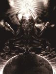 black_and_white crouching cthulhu cthulhu_mythos earth elder_sign enoxis globe greyscale h.p._lovecraft male monochrome multi_limb multiple_arms scale skull solo sun white_eyes 