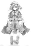  backpack bag boots greyscale hair_bobbles hair_ornament hat kawashiro_nitori key monochrome sketch skirt_hold solo touhou two_side_up ukyo_rst 