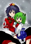  blue_hair blush child frog green_hair hairband hand_on_another's_head indian_style kochiya_sanae mirror multiple_girls open_mouth red_eyes short_hair sitting smile touhou unya yasaka_kanako yellow_eyes younger 