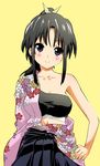  akira_(umihan) bare_shoulders black_eyes black_hair breasts character_request highres japanese_clothes large_breasts long_skirt off_shoulder ponytail simple_background skirt smile solo sya_(manga) 