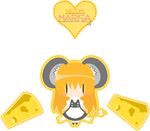  animal_ears bangs blonde_hair blush_stickers bow character_name cheese chibi food kemonomimi_mode kirisame_marisa long_hair mouse_ears mouse_marisa mouse_tail no_mouth no_nose orange_hair simple_background solo standing tail tail_bow takanashi_hiyori touhou white_background |_| 