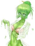  1girl bra brassiere breasts bun cleavage glasses goo_girl green_eyes green_hair green_skin hair_bun highres lab_coat labcoat monster_girl ookefu pencil science semi-rimless_glasses short_hair simple_background slime slime_girl slimegirl solo test_tube transformation under-rim_glasses underwear white_background 