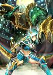  armor blue_eyes capcom highres jinouga jinouga_(armor) midriff monster monster_hunter monster_hunter_portable_3rd sword weapon zinogre zinogre_(armor) 