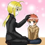  age_difference ahoge blonde_hair emiya_shirou fate/stay_night fate/zero fate_(series) formal head_pat lowres petting red_hair saber suit 