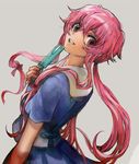  :d bow cellphone food gasai_yuno hair_bow long_hair mirai_nikki open_mouth phone pink_hair popsicle red_eyes school_uniform smile solo tomatika twintails 