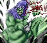  angry blue_hair english green_skin hood hulk kumoi_ichirin lavender_hair marvel muscle shorts tom_(remisaku) torn_clothes touhou 