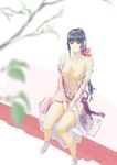  black_hair bow braid breasts covering covering_crotch dutch_angle hair_bow hal9500 japanese_clothes kimono long_hair looking_up medium_breasts nipples off_shoulder open_clothes open_kimono single_braid sitting solo umenokouji_aoi virtua_fighter 