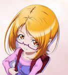  backpack bag eyelashes from_above glasses gradient gradient_background looking_at_viewer orange_eyes orange_hair precure purple-framed_eyewear randoseru shin_(irowanioedo) shirabe_ako short_hair solo suite_precure 