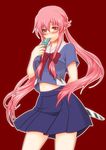  blush bow cellphone galaxy_blue gasai_yuno highres knife long_hair mirai_nikki navel phone pink_eyes pink_hair school_uniform skirt smile solo very_long_hair weapon 