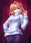  arcueid_brunestud blonde_hair breasts chain hand_on_hip kaizeru lips long_skirt medium_breasts purple_skirt red_eyes short_hair skirt solo sweater tsukihime turtleneck 