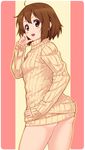  ass blush bottomless brown_eyes brown_hair hair_ornament hand_on_hip hirasawa_yui k-on! komase_(jkp423) looking_at_viewer looking_back naked_sweater no_pants open_mouth round_teeth short_hair solo sweater teeth turtleneck twisted_torso 