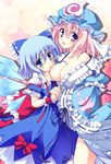  bad_id bad_pixiv_id blue_eyes blue_hair bow breast_sucking breasts cirno dress fujisaki_kaon ghost hair_bow highres japanese_clothes medium_breasts multiple_girls nipples open_clothes pink_hair purple_eyes saigyouji_yuyuko short_hair small_breasts smile touhou triangular_headpiece wings wrist_cuffs yuri 