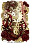  alice_in_wonderland bad_id bad_pixiv_id blonde_hair brooch curly_hair earrings facial_mark feathers flower hat jewelry neck_ruff queen_of_hearts red_flower red_rose rose sakizou solo traditional_media watercolor_(medium) 