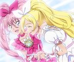  blonde_hair blue_eyes bow brooch choker closed_eyes cure_melody cure_rhythm dutch_angle eyelashes frills hair_bow hair_ribbon holding_hands houjou_hibiki jewelry long_hair minamino_kanade multiple_girls pink_bow pink_choker pink_hair ponytail precure ribbon shin_(irowanioedo) smile suite_precure twintails white_choker 