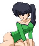  black_hair green_leotard kunou_kodachi leotard lipstick long_hair looking_at_viewer makeup purple_eyes ranma_1/2 side_ponytail sitting solo wanta_(futoshi) white_background yokozuwari 