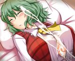  bed blush breasts clueless cum cum_on_body cum_on_breasts cum_on_upper_body eyes_closed green_hair kazami_yuuka lying oblivious sleeping touhou youkai 