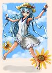  blue_eyes blue_hair dress flower hat ikamusume long_hair sandals shinryaku!_ikamusume solo straw_hat sunflower tentacle_hair wu_ba_pin 