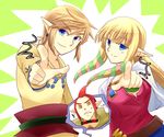  2boys blonde_hair blue_eyes bracelet earrings groose jewelry kaidou_mitsuki link long_hair multiple_boys pointing pointy_ears princess_zelda red_hair smile the_legend_of_zelda the_legend_of_zelda:_skyward_sword yellow_eyes 