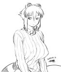  2019 animal_humanoid araiguma-san big_breasts breasts clothed clothing female greyscale hair humanoid mammal monochrome nipple_outline procyonid procyonid_humanoid raccoon_humanoid short_hair signature solo striped_tail stripes sweater tsukudani_(coke-buta) 