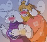  anthro asgore_dreemurr beard blonde_hair blush boss_monster bovid caprine clothing couple_(disambiguation) dialogue duo facial_hair fur goat hair horn lako long_ears male mammal simple_background tagme text toriel undertale video_games white_fur 