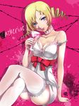  bad_id bad_pixiv_id blonde_hair blue_eyes blush bra breasts catherine catherine_(game) cleavage crossed_legs drill_hair highres lingerie long_hair long_legs looking_at_viewer pink_bra pokimari sitting small_breasts solo thighhighs twin_drills twintails underwear 