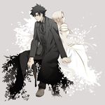  1girl back-to-back black_eyes black_hair command_spell couple dress emiya_kiritsugu facial_hair fate/zero fate_(series) gun handgun hetero holding_hands husband_and_wife irisviel_von_einzbern long_coat necktie red_eyes short_hair stubble thompson/center_contender weapon white_hair yun_(neo) 