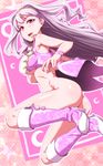  ass bare_shoulders boots bottomless breasts clearite hairband high_heels highres idolmaster idolmaster_(classic) long_hair looking_back medium_breasts pink_eyes purple_eyes shijou_takane shoes solo underboob 