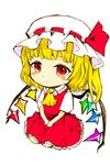  ascot blonde_hair bow chamaruku child dress face flandre_scarlet hat kneeling red_eyes ribbon short_hair side_ponytail simple_background solo touhou white_background wings 