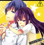 1girl apron blue_eyes blue_hair chef couple hetero hug hug_from_behind long_hair maregatsukoyori purple_eyes purple_hair short_hair souma_hiroomi waitress working!! yamada_aoi 