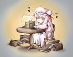  blush book book_focus book_stack bow chair crescent desk hair_bow hat lamp long_hair namomi patchouli_knowledge purple_hair sleepy solo touhou 