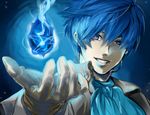  blue_eyes blue_hair c_kago face fire gloves grin hands headset kaito male_focus musical_note portrait pyrokinesis smile solo vocaloid 