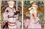  1girl albino art_nouveau axis_powers_hetalia blonde_hair cape cowboy_shot crown earrings flower gloves hair_flower hair_ornament highres jewelry knight liechtenstein_(hetalia) mushi_kei princess prussia_(hetalia) sword teutonic_knights weapon white_hair 