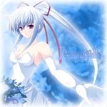  ahoge breasts cleavage dress elbow_gloves freudia_neuwahl gloves hair_ribbon long_hair medium_breasts ribbon rosenkreuzstilette rosenkreuzstilette_freudenstachel silver_hair 