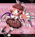  ayu_(iyokanya) blush chibi claws fingernails hat kneehighs letterboxed long_fingernails musical_note mystia_lorelei nail_polish no_nose one_eye_closed outstretched_hand solo touhou zoom_layer 