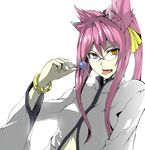  animal_ears bad_id bad_pixiv_id bangle blazblue bow bracelet candy cat_ears coat fang food glasses hair_bow jewelry kokonoe lollipop long_hair navel_cutout pince-nez pink_hair ponytail sidelocks solo tongue tongue_out wide_sleeves yellow_eyes yosimura 