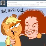  ask_jappleack blonde_hair carrot_top cowboy_hat dialog dialogue english_text equine female feral freckles friendship_is_magic green_eyes hair hat horse hotdiggedydemon human long_hair male mammal my_little_pony open_mouth pony ponytail red_hair text tumblr 