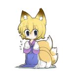  animal_ears blonde_hair blue_eyes chibi dekasudachin dress fox_ears fox_tail multiple_tails oversized_clothes short_hair sleeves_past_fingers sleeves_past_wrists solo tabard tail touhou wavy_mouth white_dress yakumo_ran younger 