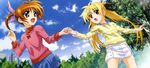  absurdres blonde_hair brown_hair casual cloud day fate_testarossa hashimoto_takayoshi highres holding_hands legs long_hair lyrical_nanoha mahou_shoujo_lyrical_nanoha mahou_shoujo_lyrical_nanoha_the_movie_1st multiple_girls non-web_source nyantype official_art open_mouth purple_eyes red_eyes scan short_twintails sky takamachi_nanoha twintails very_long_hair 