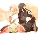  1girl black_hair boots closed_eyes estellise_sidos_heurassein gloves grey_footwear knee_boots long_hair lowres pink_hair satsu smile tales_of_(series) tales_of_vesperia yuri_lowell 