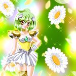  angel_daisy brooch brown_eyes daisy flower green_hair hand_on_hip headgear jewelry leg_garter magical_girl short_hair skirt smile solo sparkle tamano_hinagiku wedding_peach yukinyan 